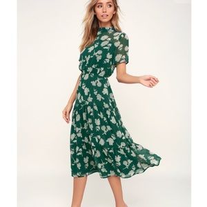 Lulu’s Floral Dressed Up Dark Green Midi Dress NEW